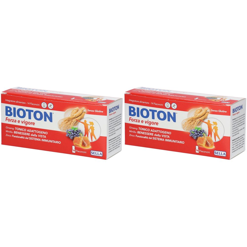 Due confezioni rosse BIOTON. Scritte: Forza e vigore, Tonico Adattogeno, Benessere della Vista, Sistema Immunitario. Con illustrazioni.