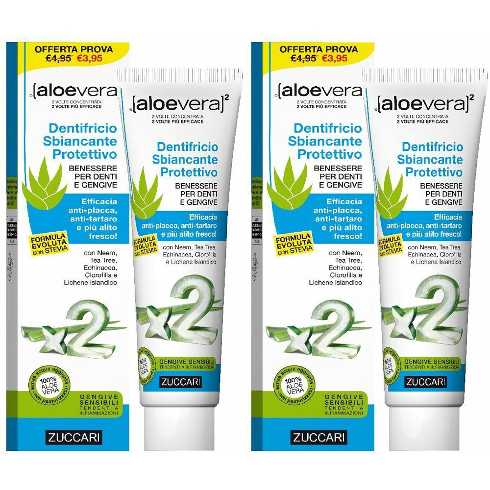 Due tubi di dentifricio "[aloevera]² Dentifricio Sbiancante Protettivo". Confezione verde e bianca, logo ZUCCARI.