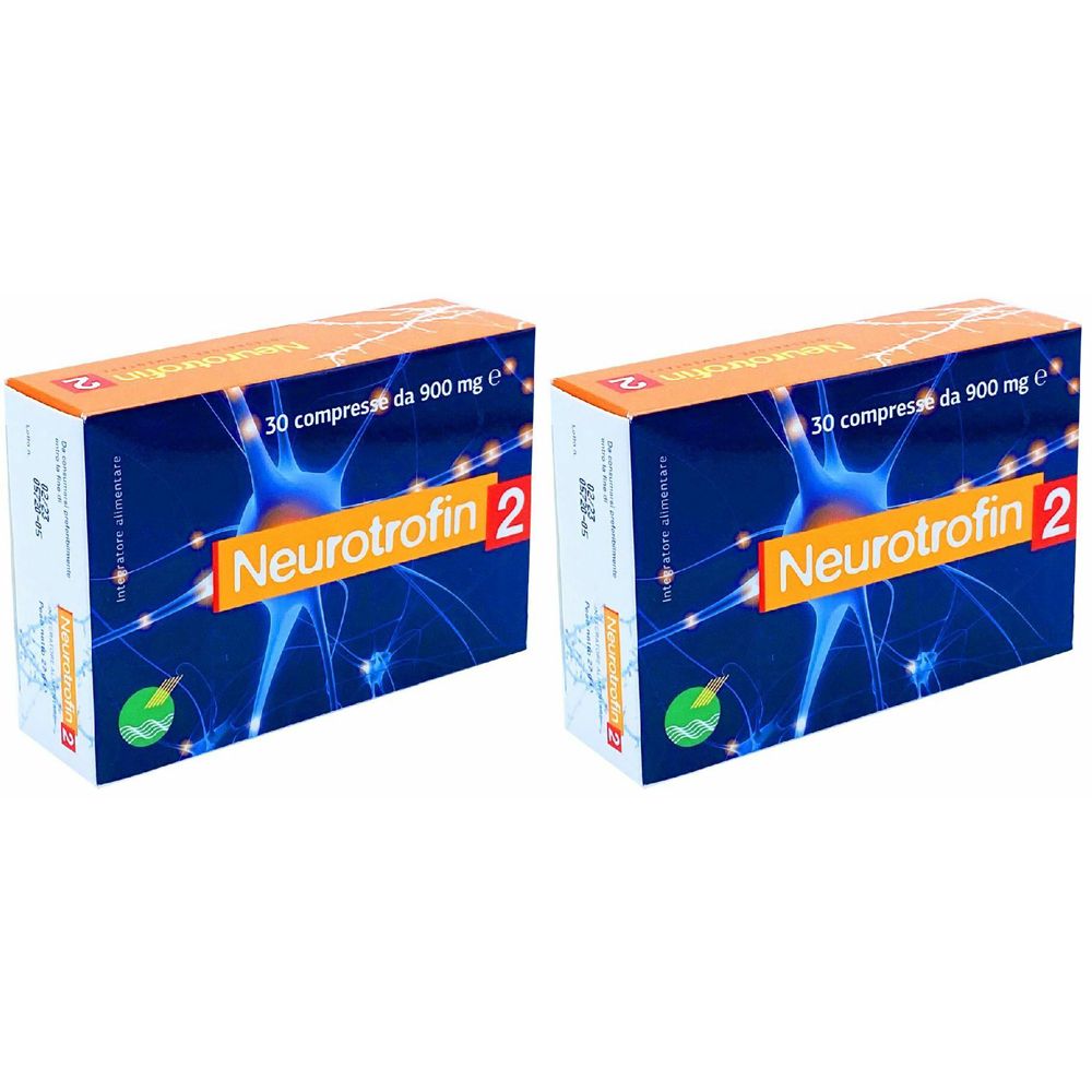Due scatole di Neurotrofin 2. Confezione blu con scritta gialla. Contiene 30 compresse da 900 mg.