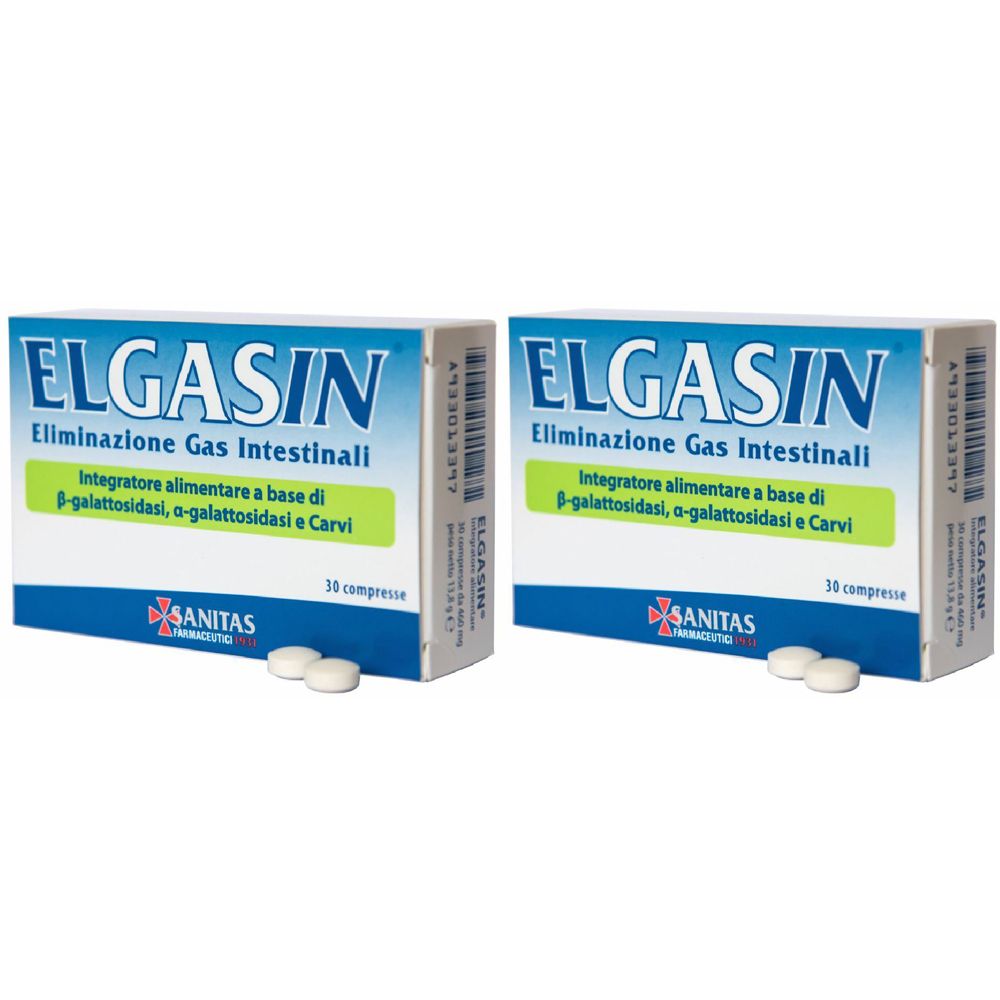 Due scatole ELGASIN. Scritta: Eliminazione Gas Intestinali. Sotto, compresse e logo Sanitas.
