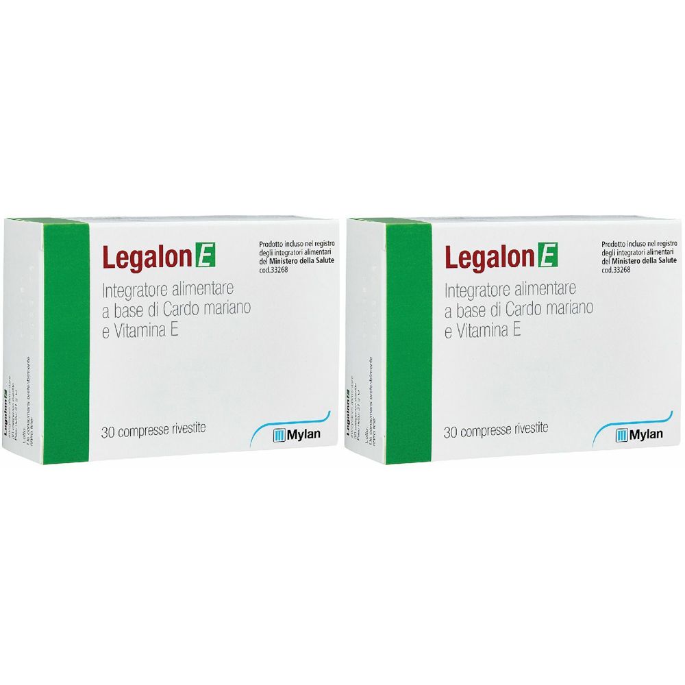 Due scatole bianche con accento verde. Scritta: Legalon E, integratore alimentare a base di cardo mariano e vitamina E. Marchio Mylan.