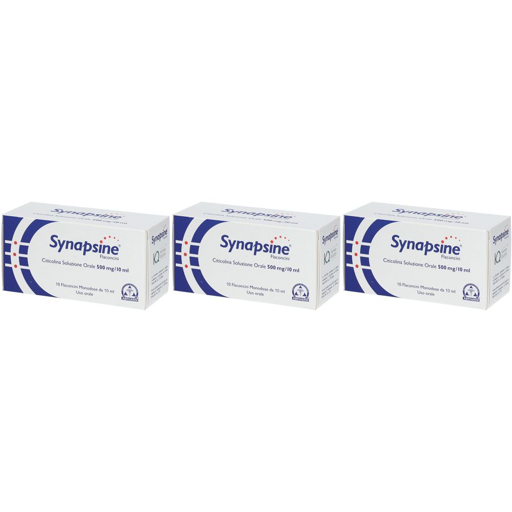Tre scatole di Synapsine. Ogni scatola contiene 10 fiale. Confezione blu e bianca.