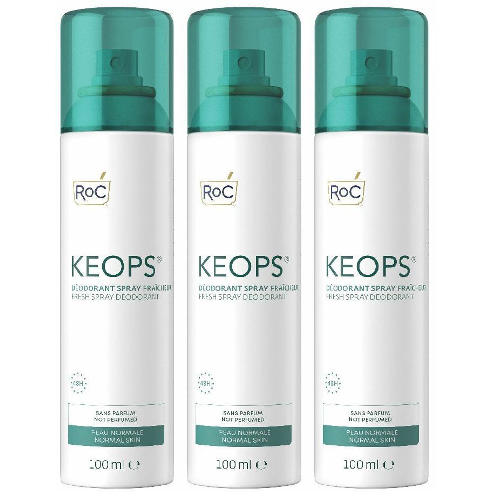 Tre spray deodoranti bianchi con tappi verdi. Scritta: KEOPS, RoC. Senza profumo, pelle normale. 100 ml.