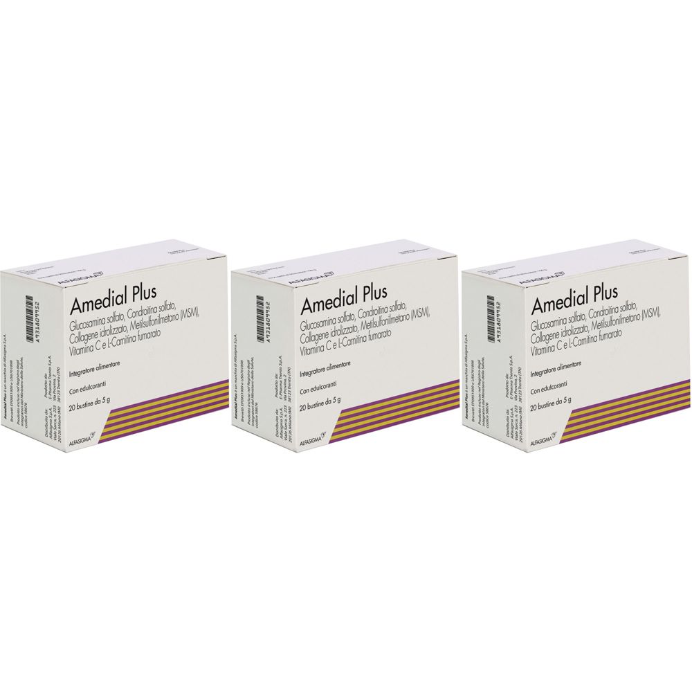 Tre confezioni di "Amedial Plus". Ingredienti e marchio visibili su ogni scatola. Confezione.