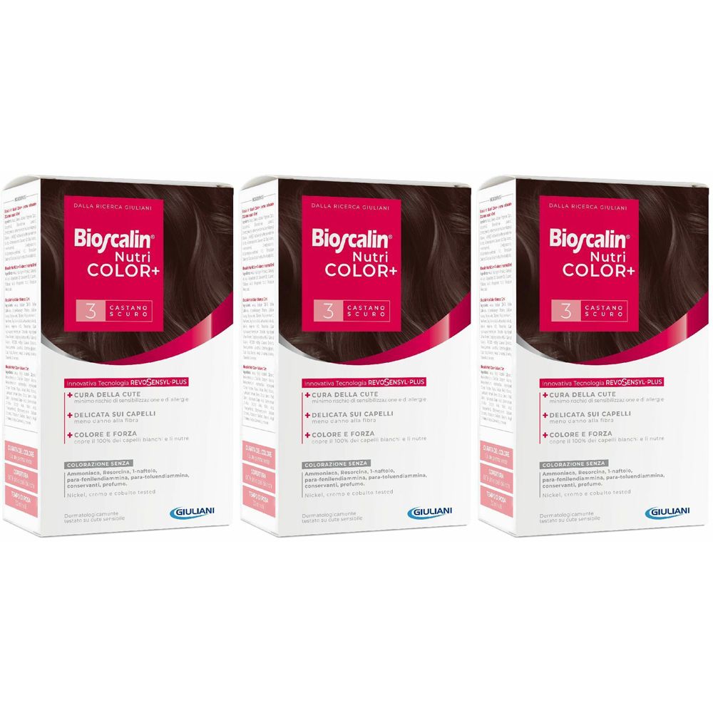 Tre confezioni Bioscalin Nutri COLOR+ 3 Castano Scuro. Confezione bianca con nome prodotto e immagine colore capelli. Logo Giulani.