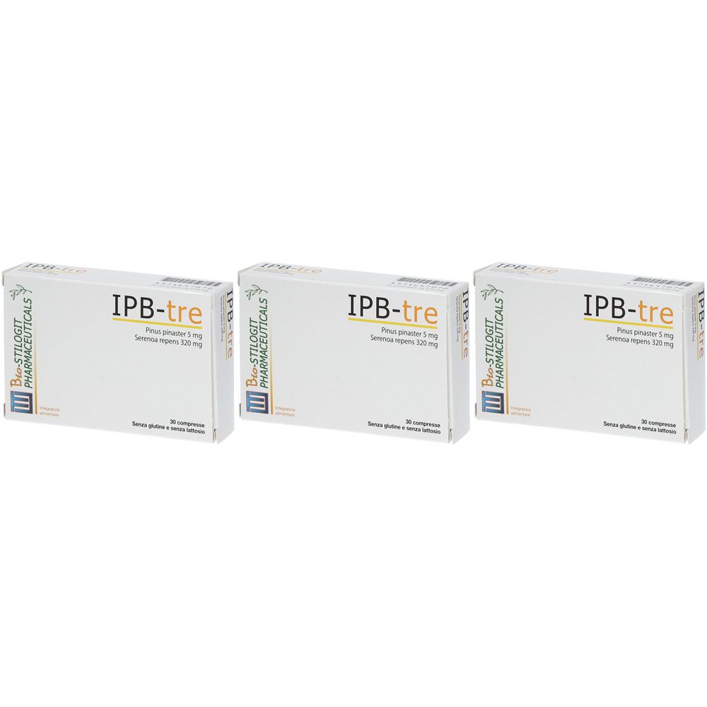 Tre scatole bianche con la scritta "IPB-tre". Su ogni scatola sono presenti i loghi di "B-STILOGIT PHARMACEUTICALS".