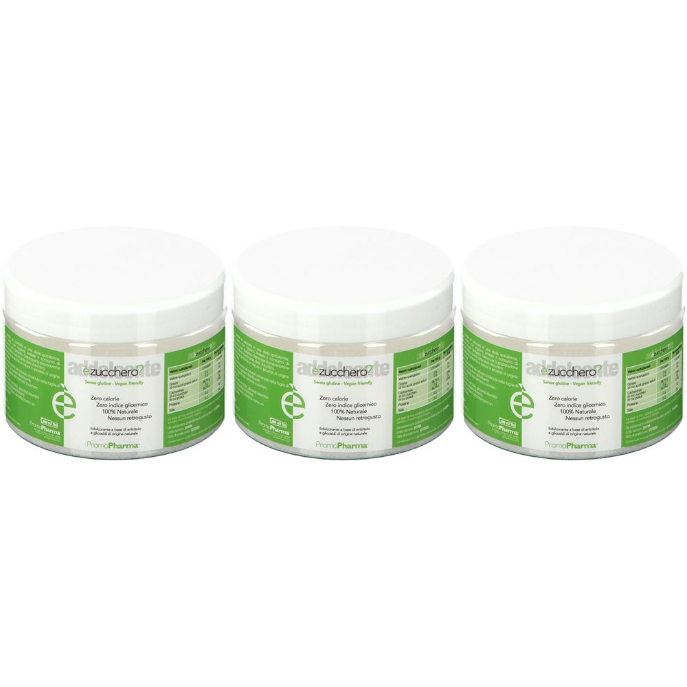 Tre barattoli bianchi con etichetta verde. Scritta: adzucchero?ite, zero calorie, zero indice glicemico, 100% naturale.