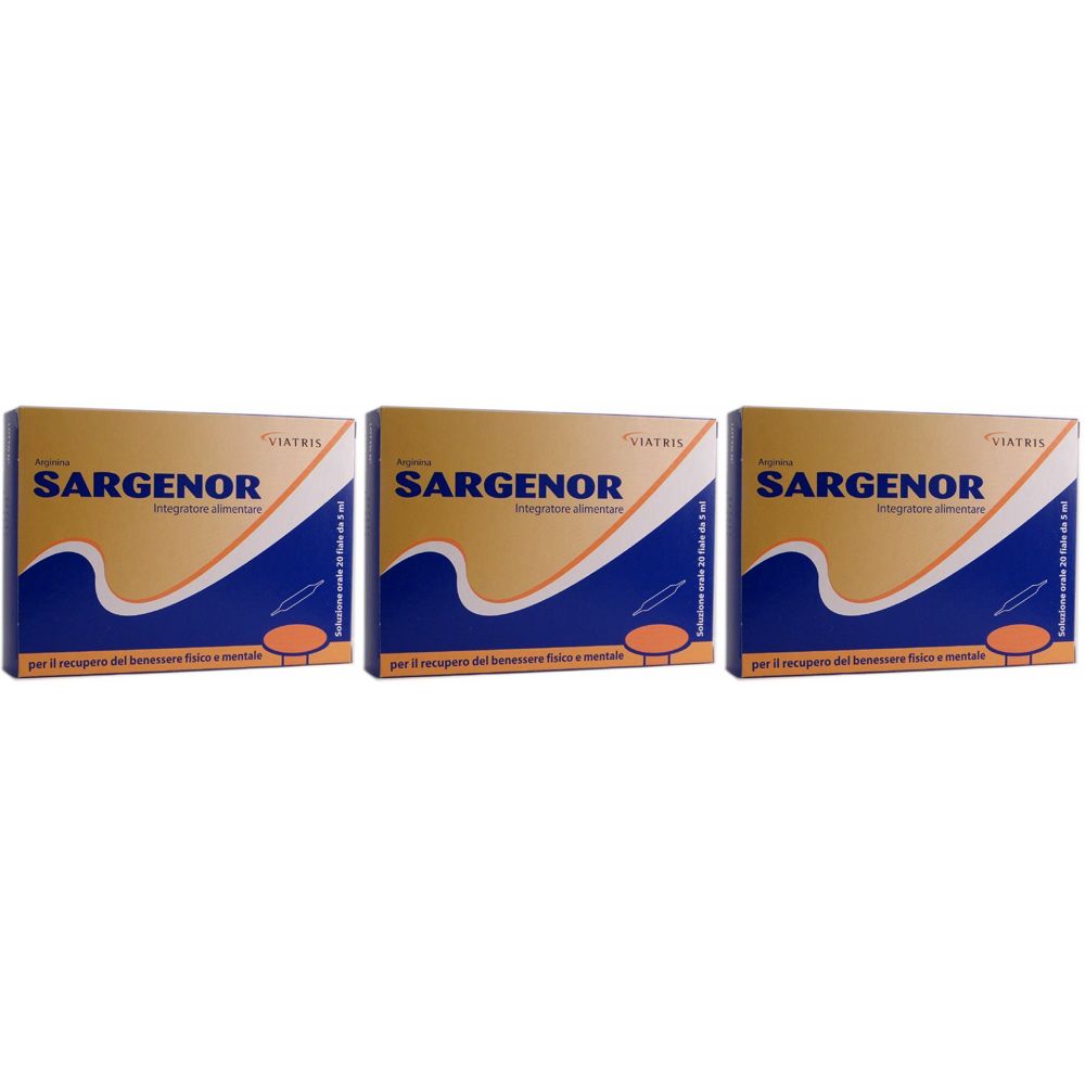 Tre confezioni di Sargenor. Scritta: Sargenor, integratore alimentare. Confezione blu e oro.