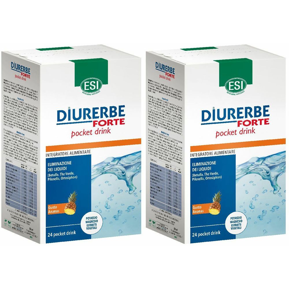 Due scatole "Diurerbe Forte pocket drink". Scritte: "ESI", "Eliminazione dei liquidi", immagine ananas, 24 Pocket Drinks.