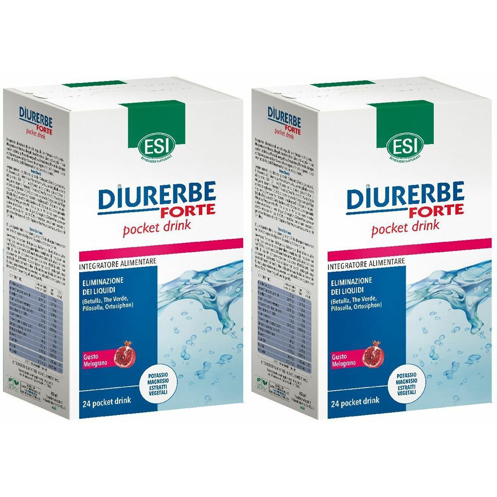 Due scatole bianche con informazioni sul prodotto. Scritta: Diurerbe Forte, ESI. Contiene 24 pocket drink. Gusto: Melograno.