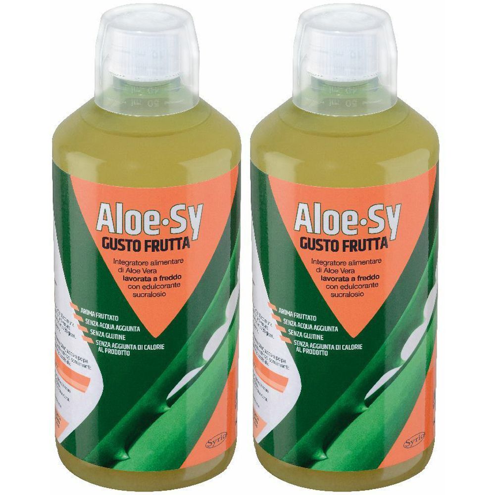 Due bottiglie di liquido verdognolo. Le etichette riportano "Aloe-Sy Gusto Frutta".