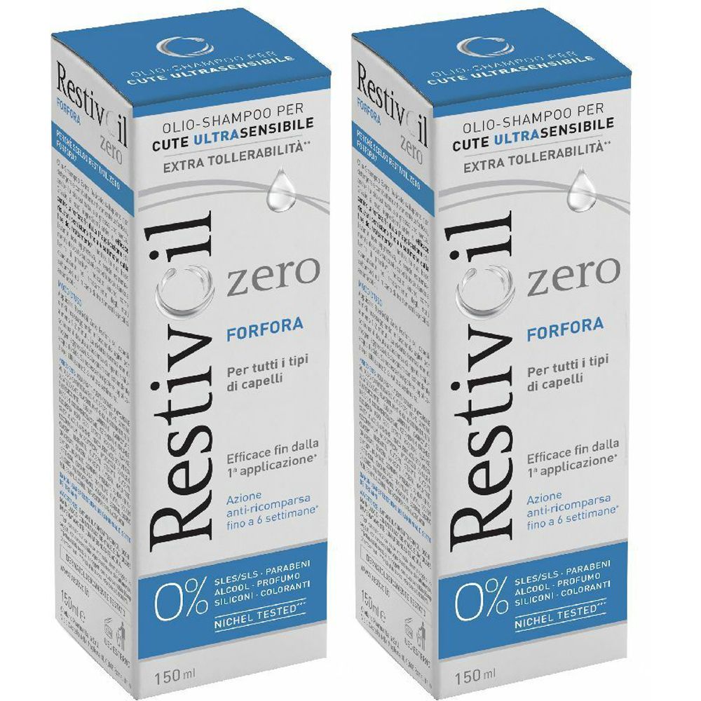 Due confezioni di shampoo Restivoil Zero Forfora. Bianco, blu e azzurro. Per cute ultrasensibile. Testo in italiano.
