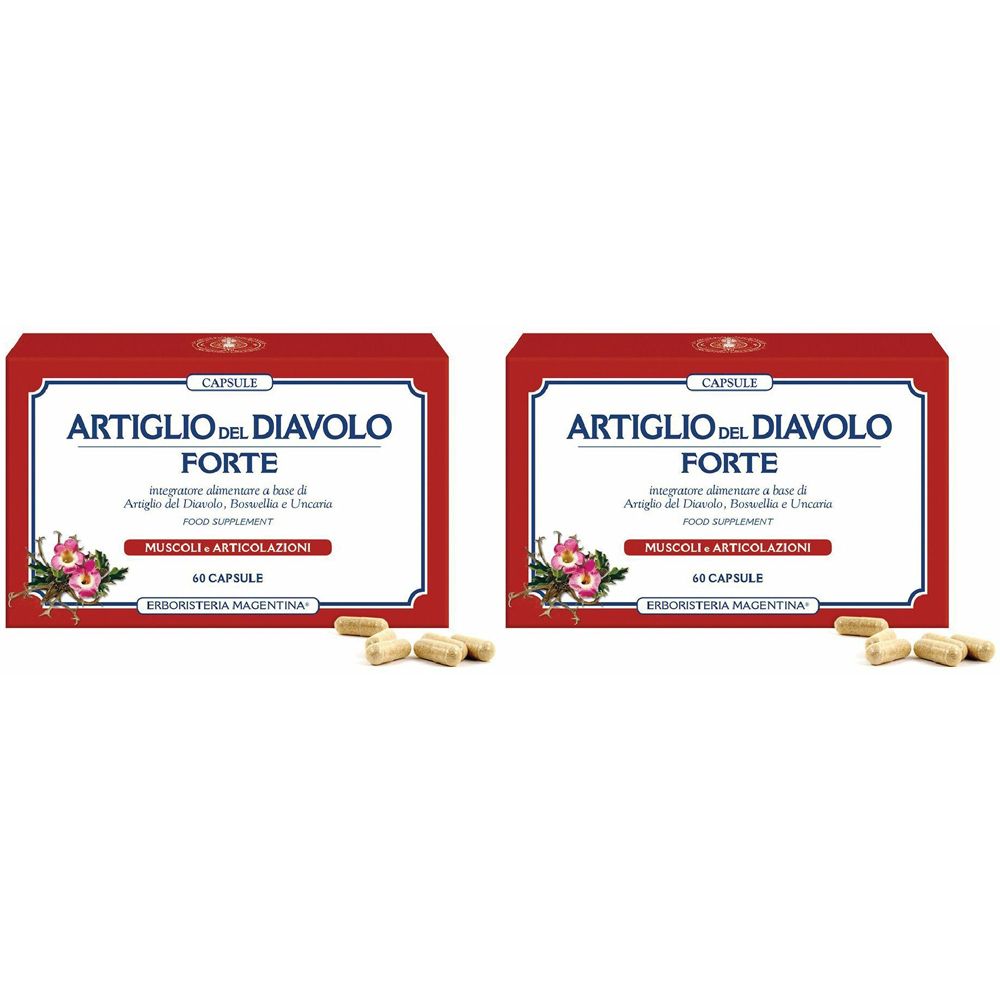 Due scatole rosse con la scritta "Artiglio del Diavolo Forte" e capsule.