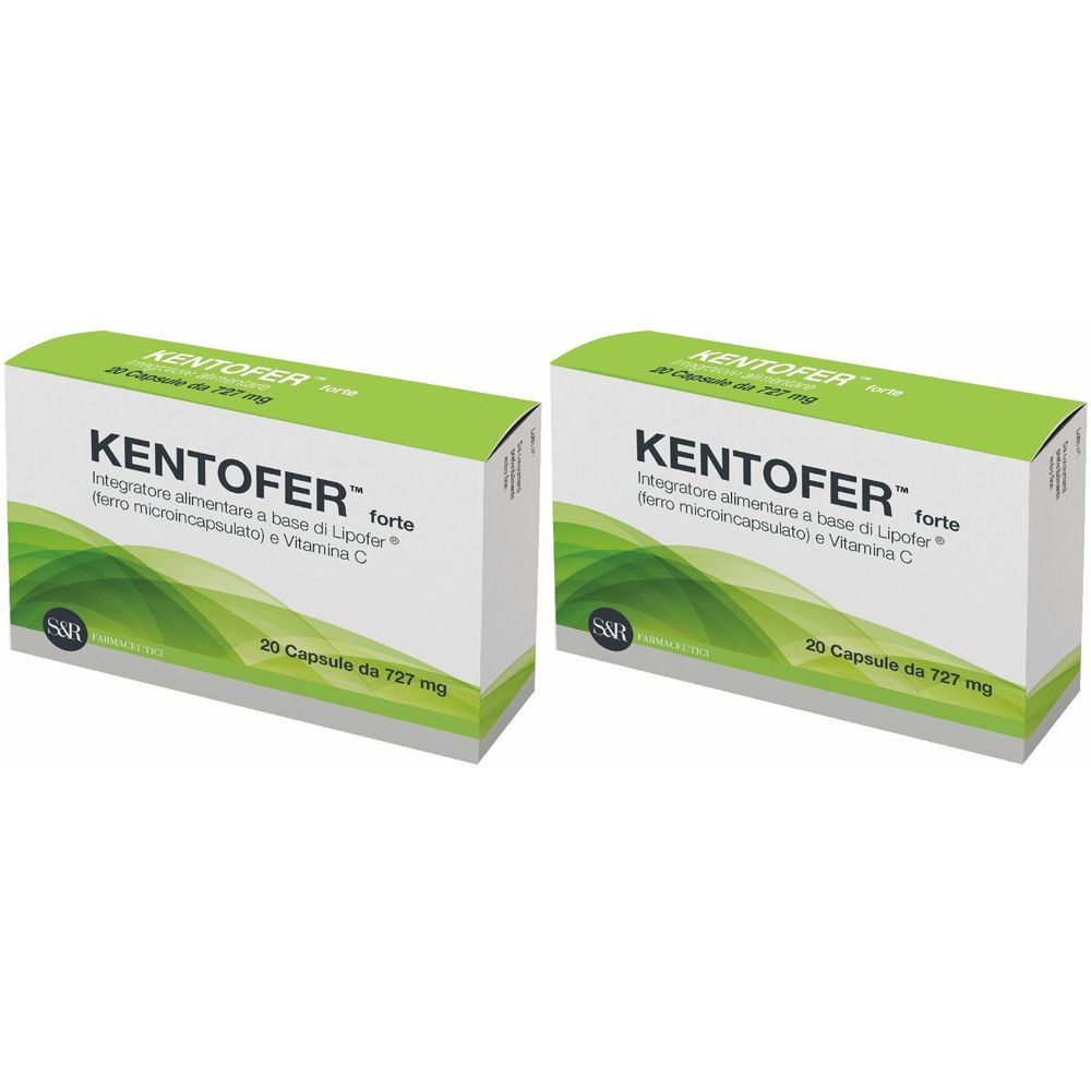 Due scatole di Kentofer Forte. Scritta: 20 capsule, 727 mg. Confezione verde e bianca con nome del prodotto e ingredienti.