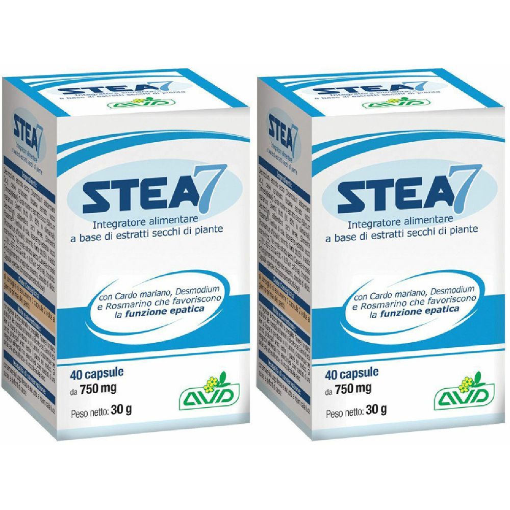 Due scatole di integratore alimentare "STEA7". Scritta: "40 capsule 750 mg". Marchio AVD.