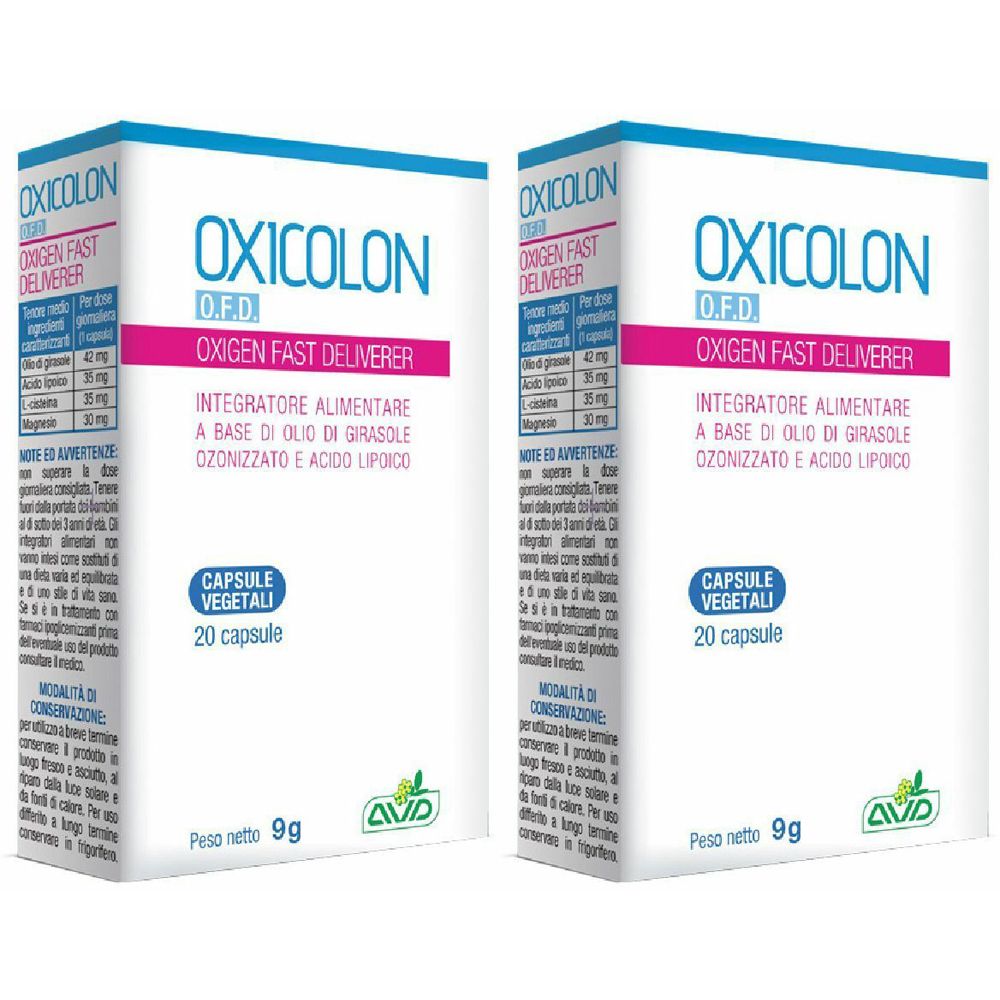 Due scatole bianche con testo. Scritto: OXICOLON, O.F.D., 20 capsule. Marchio AVD. Integratore alimentare.