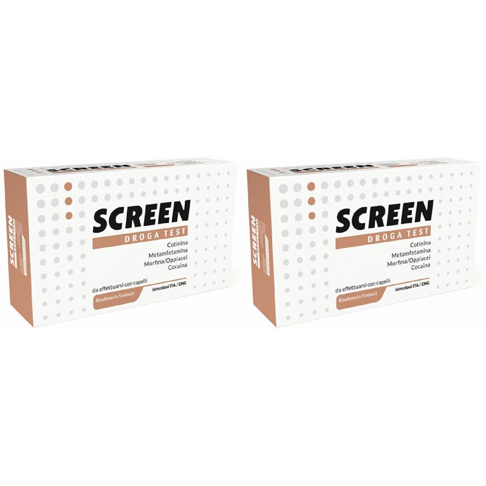 Due confezioni "SCREEN DROGA TEST". Contiene informazioni su cotinina, metanfetamina, morfina/oppiacei e cocaina.