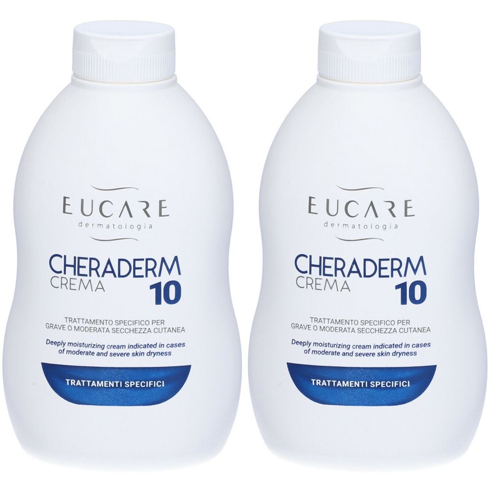 Due flaconi bianchi EUCARE Cheraderm Crema 10. Testo: TRATTAMENTI SPECIFICI. Scritta: Deeply moisturizing cream indicated in cases of moderate and severe skin dryness.