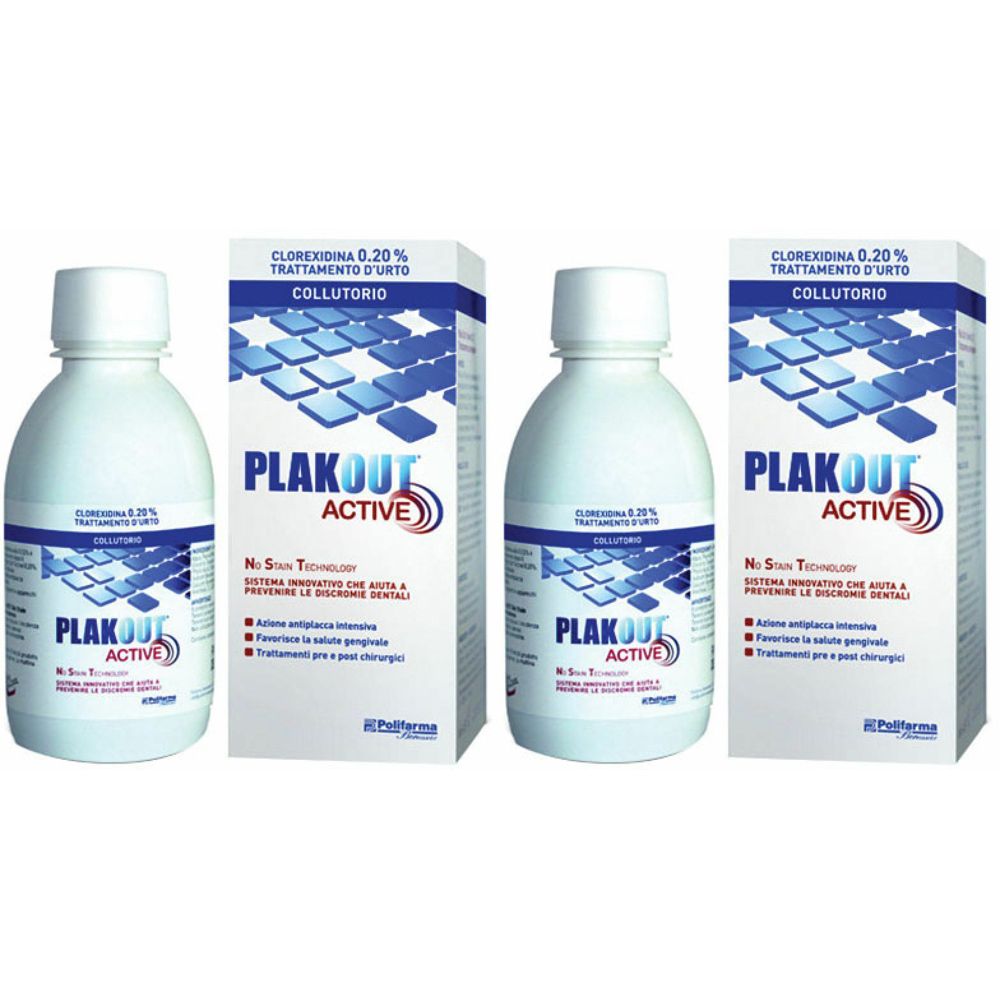 Due flaconi e due scatole con la scritta "PLAKOUT ACTIVE". Sui flaconi si legge "COLLUTORIO".