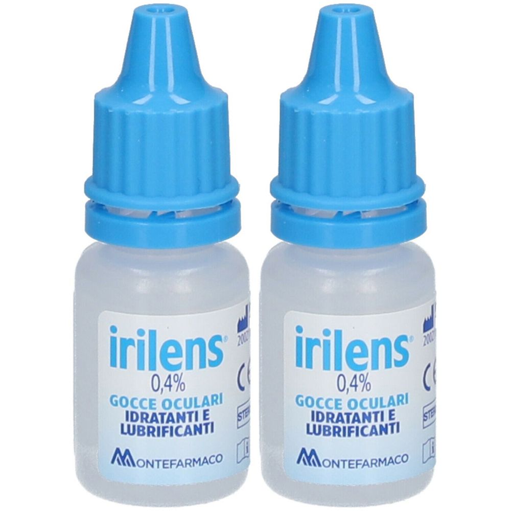 Due flaconi irilens® Gocce Oculari. Tappi blu, flaconi trasparenti. Scritta: 0,4%, Gocce Oculari, Idratanti e Lubrificanti. Marchio: Montefarmaco.