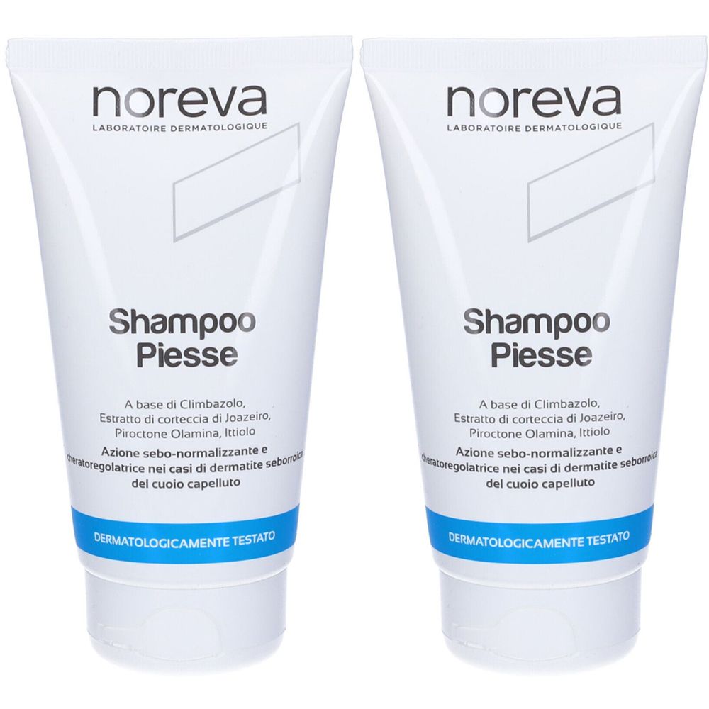 Due tubi bianchi di shampoo. Scritta "noreva" e "Shampoo Piesse". Confezione blu e bianca. "Dermatologicamente testato".