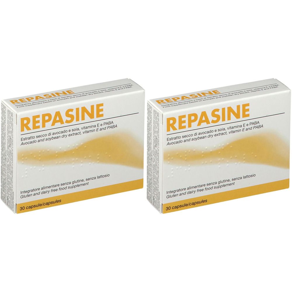 Due scatole REPASINE. Scritta: Extratto secco di avocado e soia, vitamine E e PABA. 30 capsule.