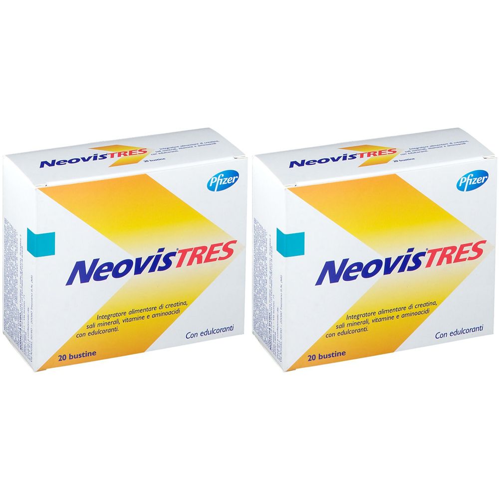 Due scatole bianche con dettagli gialli e blu. Stampato il nome "NeovisTRES" e il logo Pfizer. Testo in italiano.