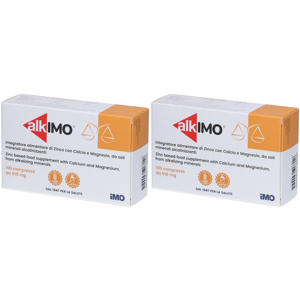 Due scatole alkIMO. Ogni scatola indica: Integratore alimentare con zinco, calcio e magnesio. Contiene 100 compresse.