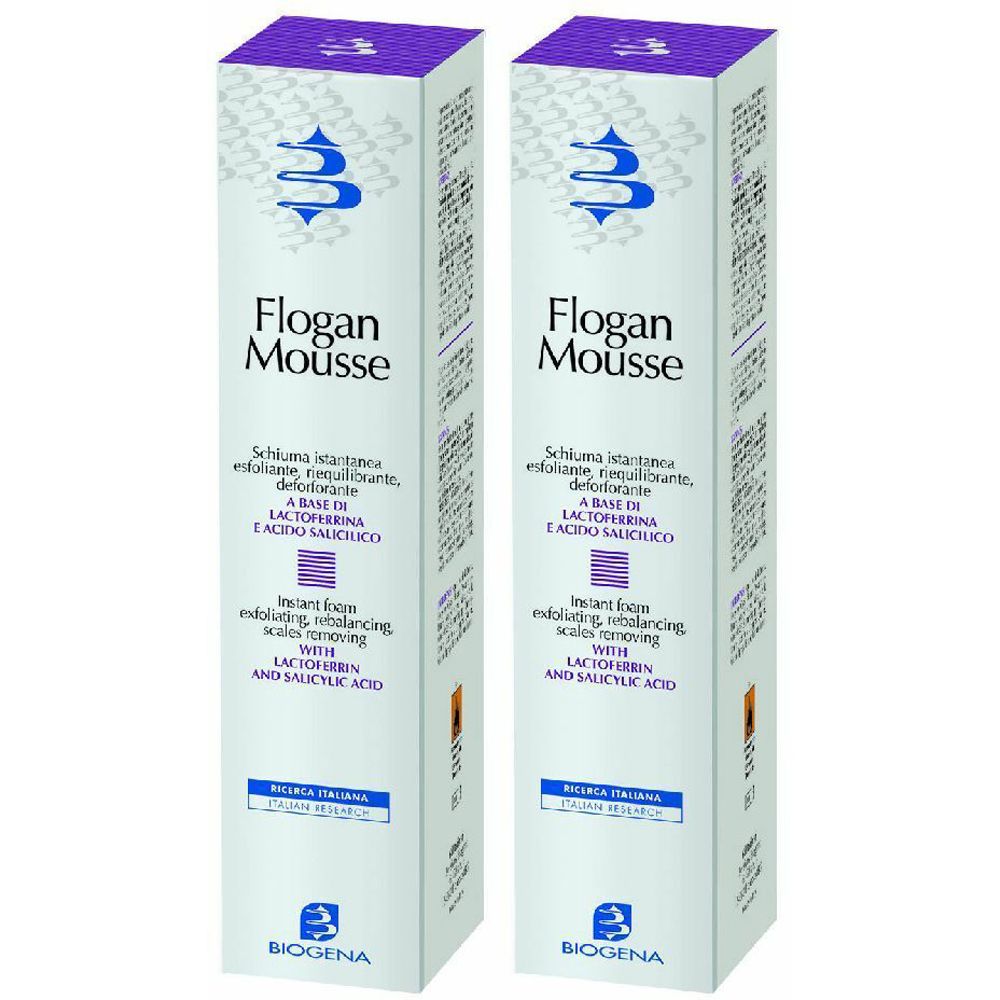 Due scatole bianche con coperchi viola. Scritta: Flogan Mousse, BIOGENA. Testo in italiano.