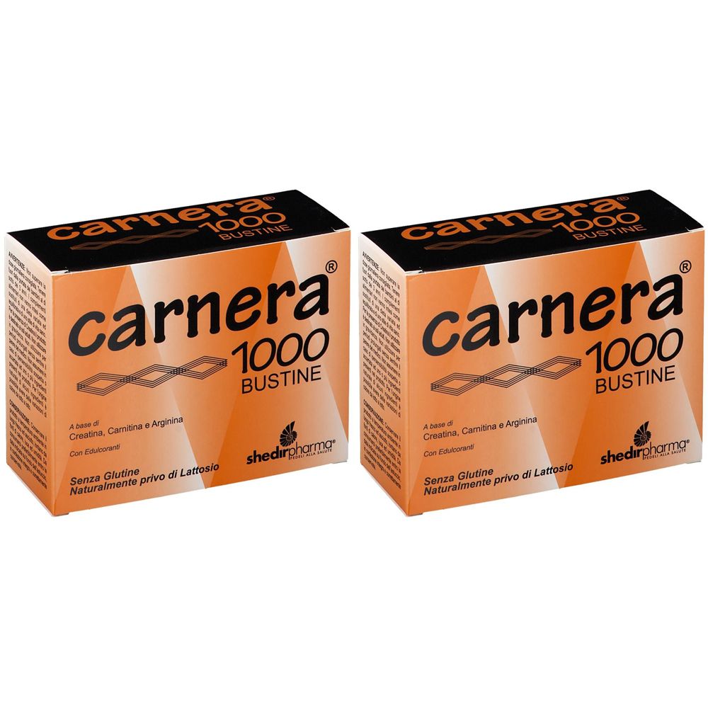 Due scatole arancioni con scritto "carnera 1000 BUSTINE". Testo: "Senza Glutine". Marchio: Shedirpharm.