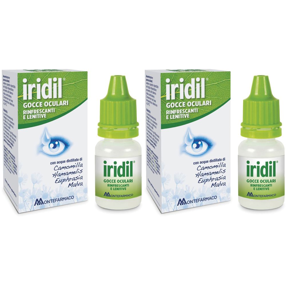 Due confezioni e flaconi di Iridil Gocce Oculari. Flaconi bianchi con tappi verdi. Scatole con nome del prodotto e ingredienti.