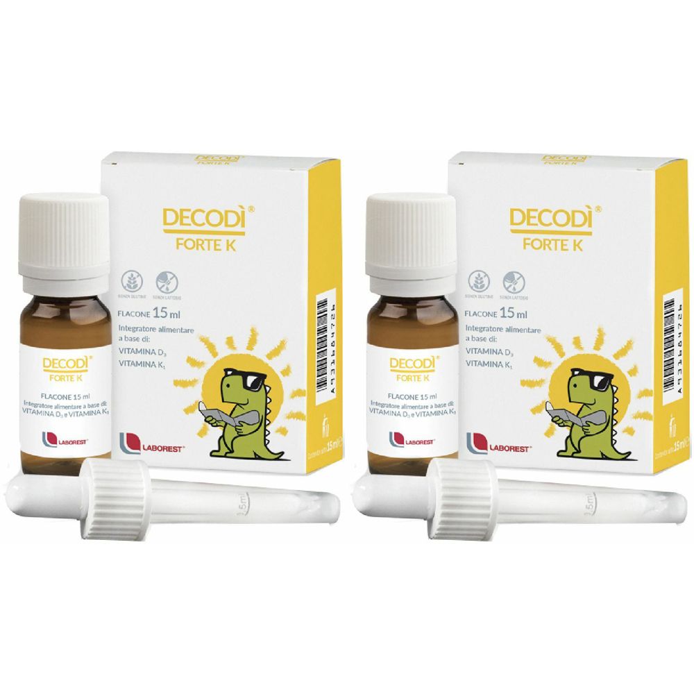 Due flaconi e due confezioni di Decodì Forte K. Ogni flacone con contagocce e confezione con illustrazione dinosauro solare.