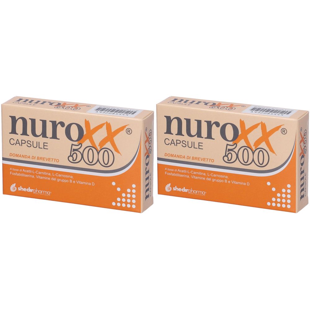 Due scatole di "nuroxx CAPSULE 500". Accenti arancioni e testo in italiano. Marchio: shedropharma.