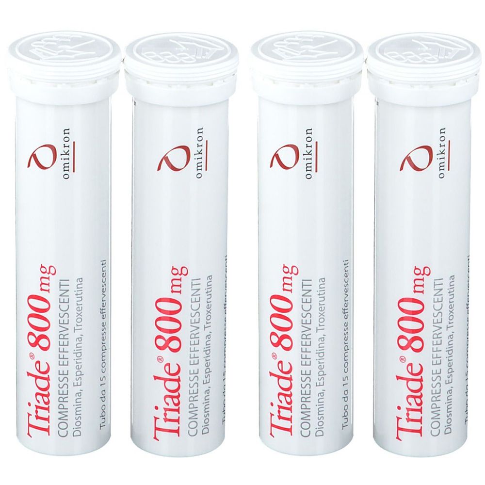 Quattro tubi bianchi con testo rosso. Scritta: Triade 800 mg, compresse effervescenti. Marchio: omikron.
