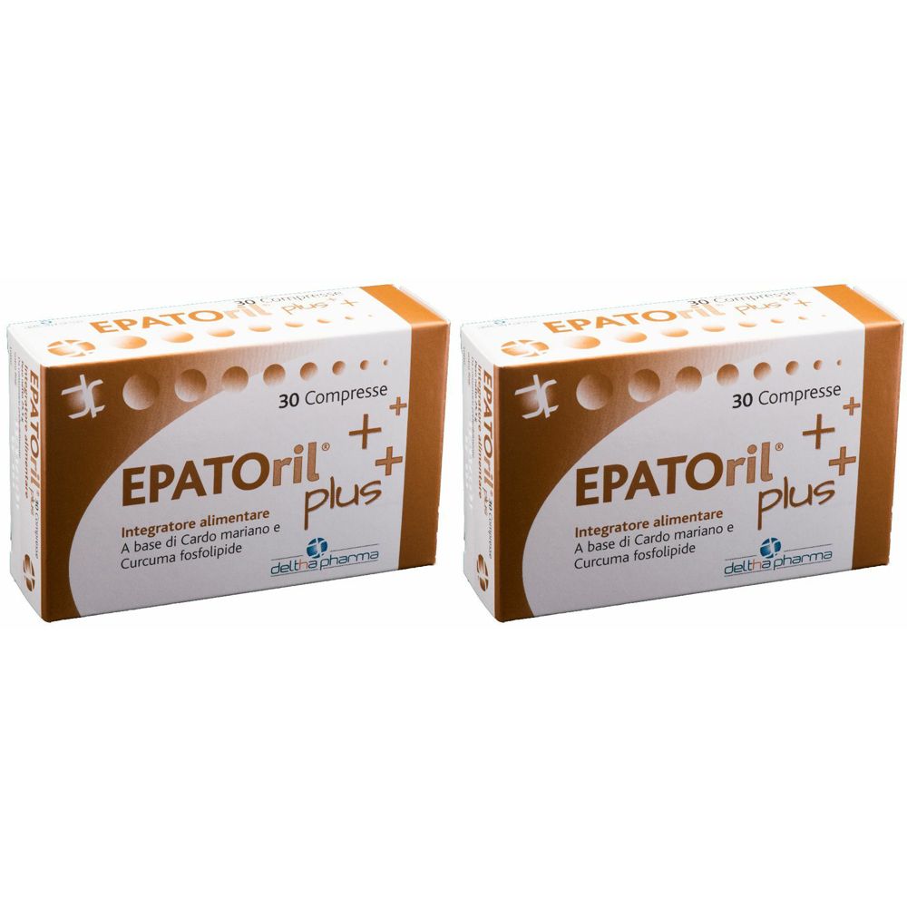Due scatole di compresse EPATORIL plus. Ogni scatola contiene 30 compresse. Scritto: Integratore alimentare.