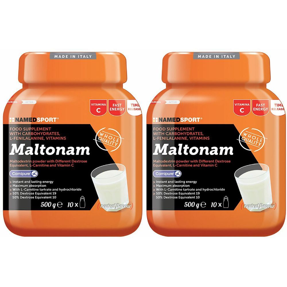 Due barattoli arancioni NAMEDSPORT Maltonam. Scritta: Integratore alimentare con carboidrati, L-fenilalanina, vitamine.