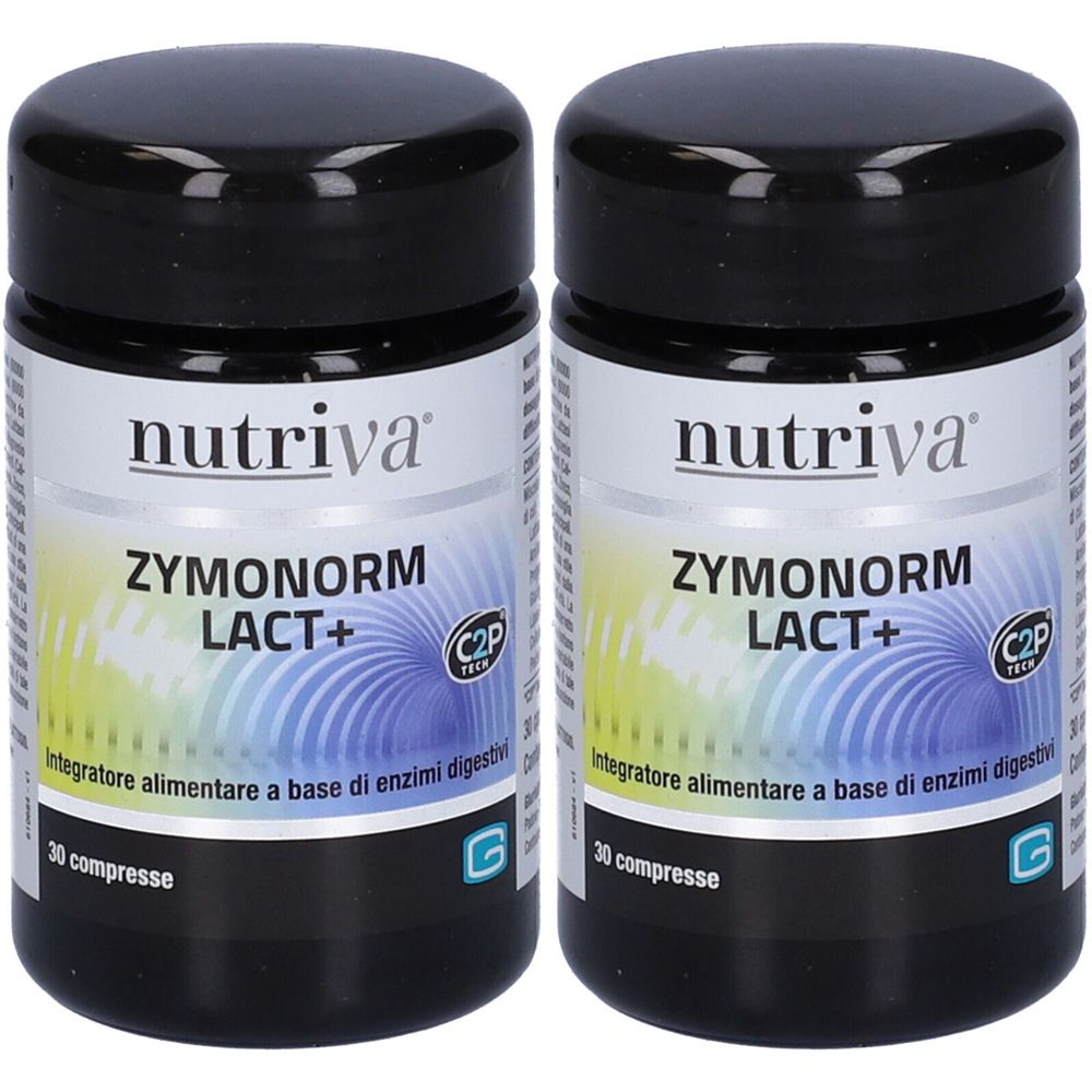 Due flaconi neri con etichetta bianca. Scritta: Nutriva Zymonorm Lact+ Compresse. 30 compresse. Logo C2P.