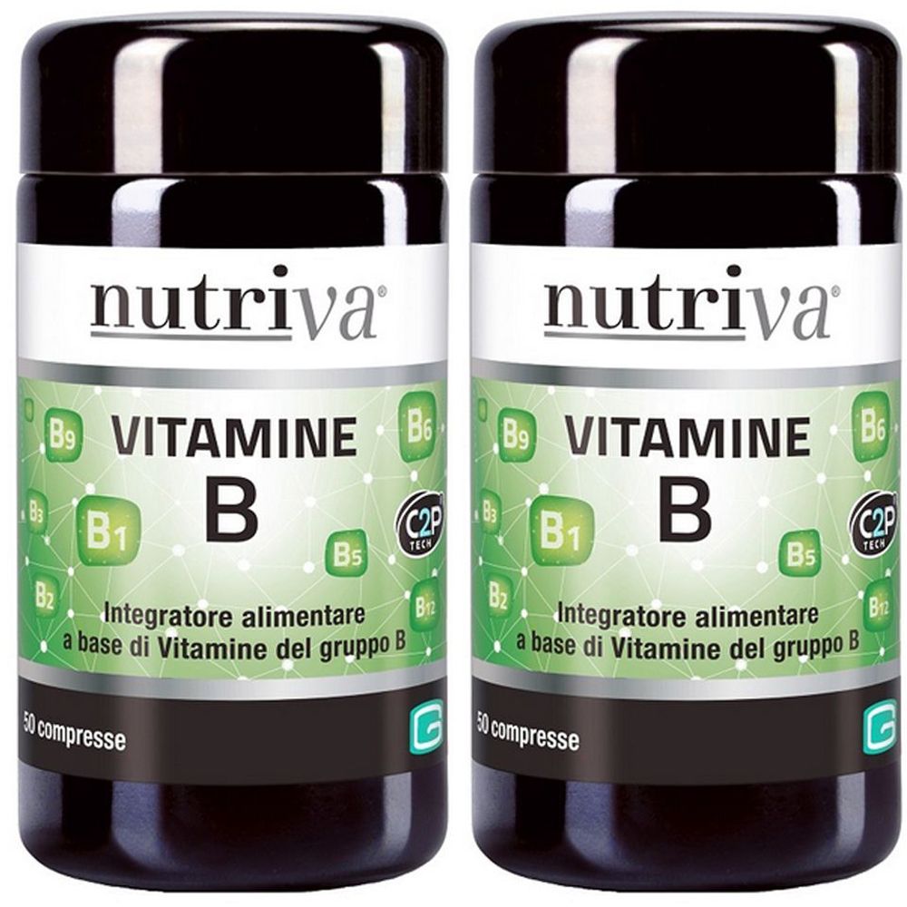 Due flaconi di Nutriva Vitamina B. Tappi neri, etichette bianche con dettagli verdi. Testo: Vitamina B, 50 compresse.