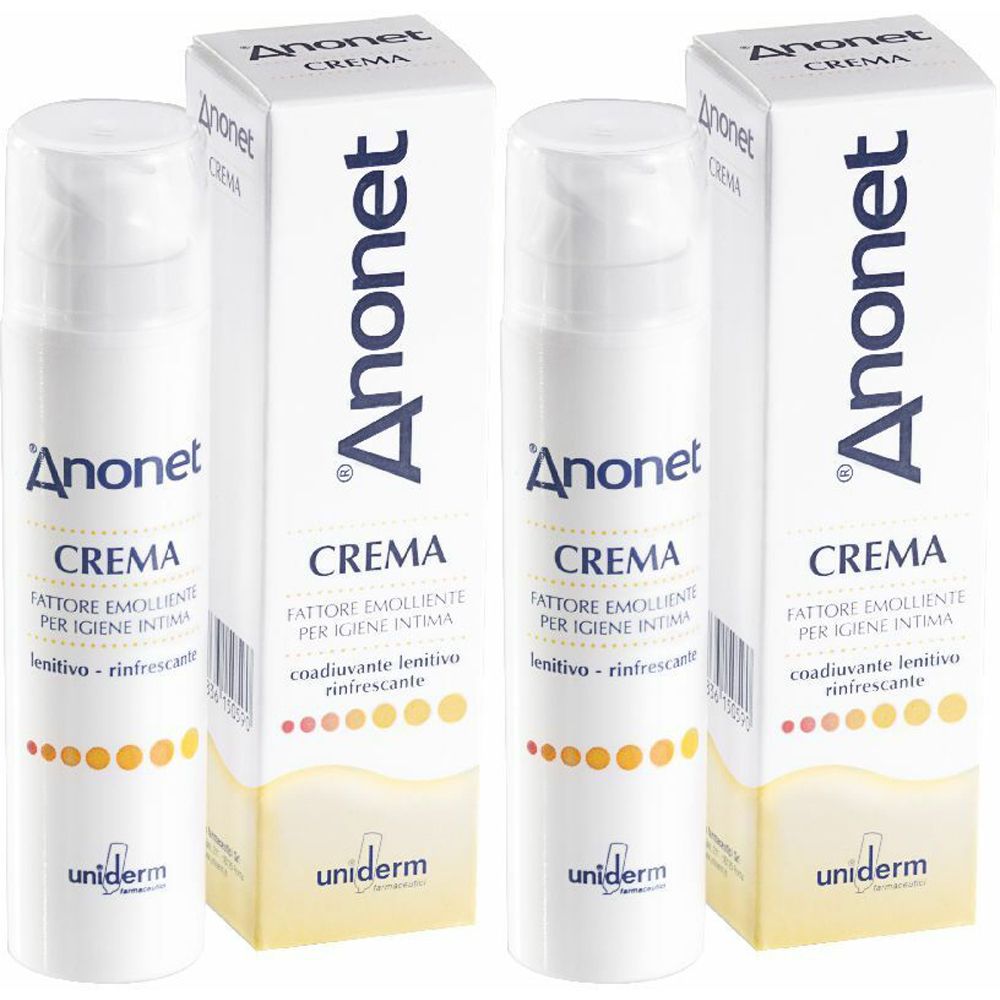 Due creme e confezioni. Scritta "Anonet Crema". Flaconi bianchi con dosatore e scatole. Marchio "uniderm".