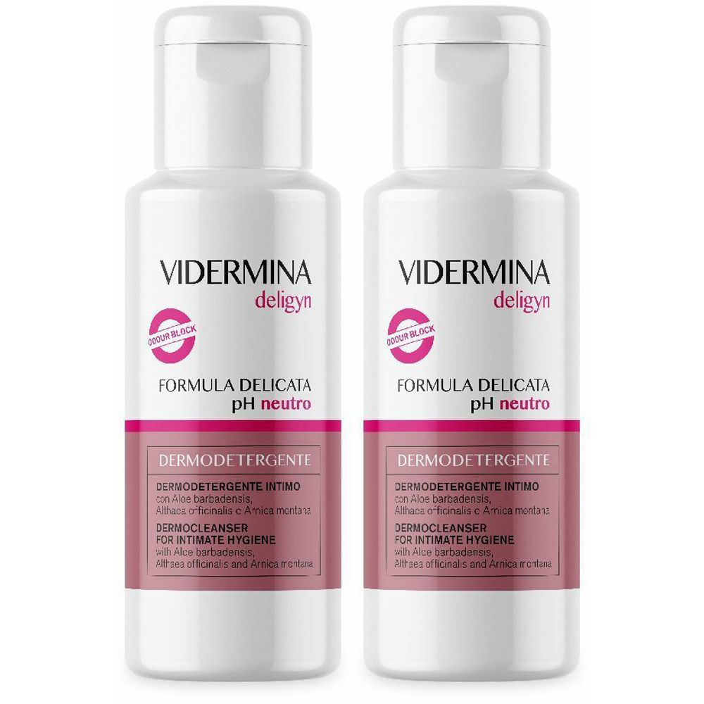 Due flaconi bianchi con etichette rosa. Scritta: VIDERMINA deligyn, FORMULA DELICATA pH neutro, Dermodetergente Intimo.