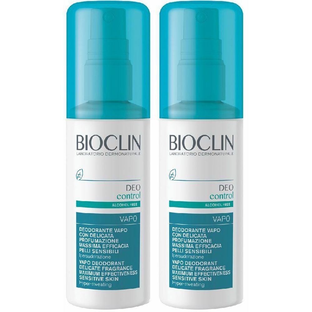 Due spray deodoranti con tappi turchese. Scritta: BIOCLIN, DEO control, Vapo. Testo in italiano.