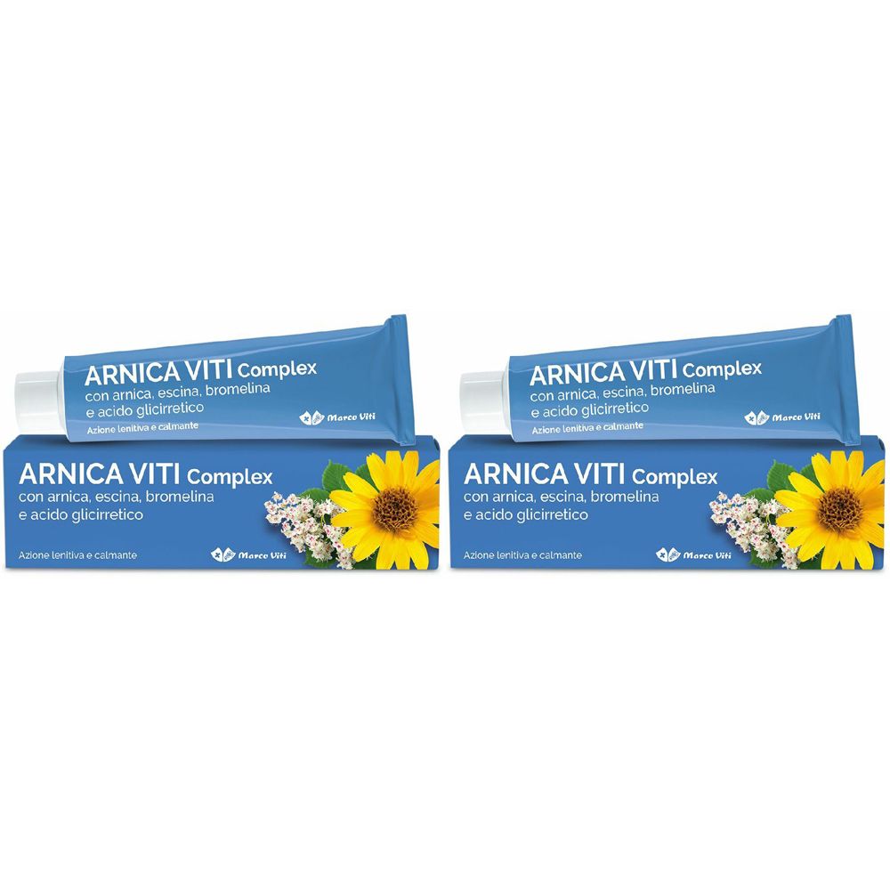 Due tubi e scatole ARNICA VITI Complex. Confezione blu con testo ed elementi floreali. Marchio Marco Viti visibile.
