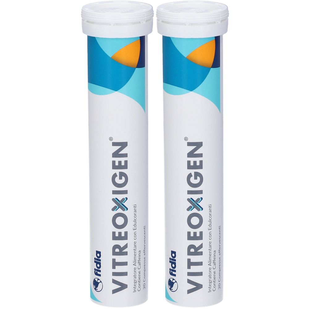 Due tubi cilindrici con tappi bianchi. Scritta: VITREOXIGEN, fidia. Elementi di design blu e arancione.