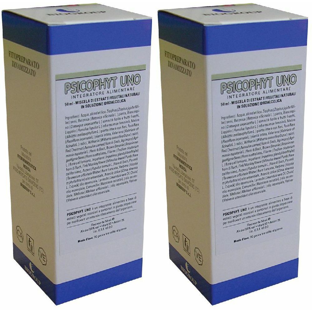 Due scatole rettangolari con parte superiore blu. Scritta: PSICOPHYT UNO, integratore alimentare. Testo in italiano.