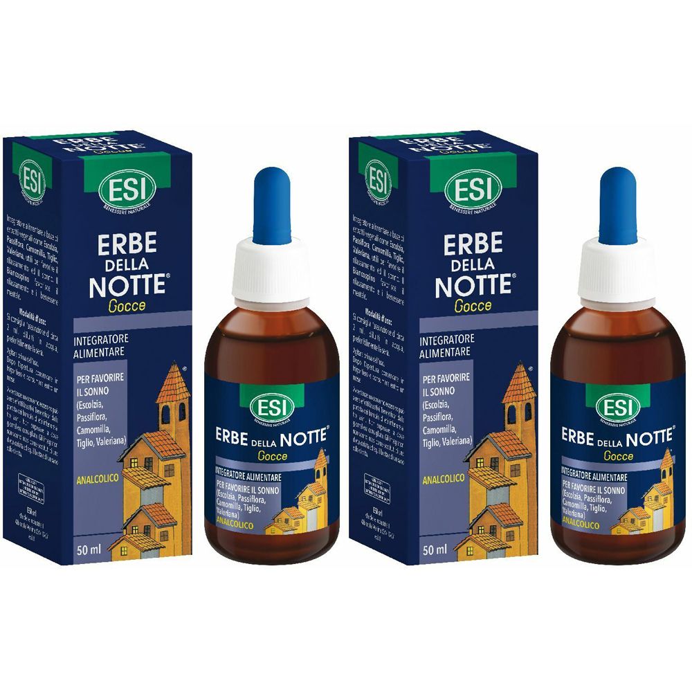 Due flaconi di liquido marrone con contagocce blu. Scatole blu con testo bianco e logo.