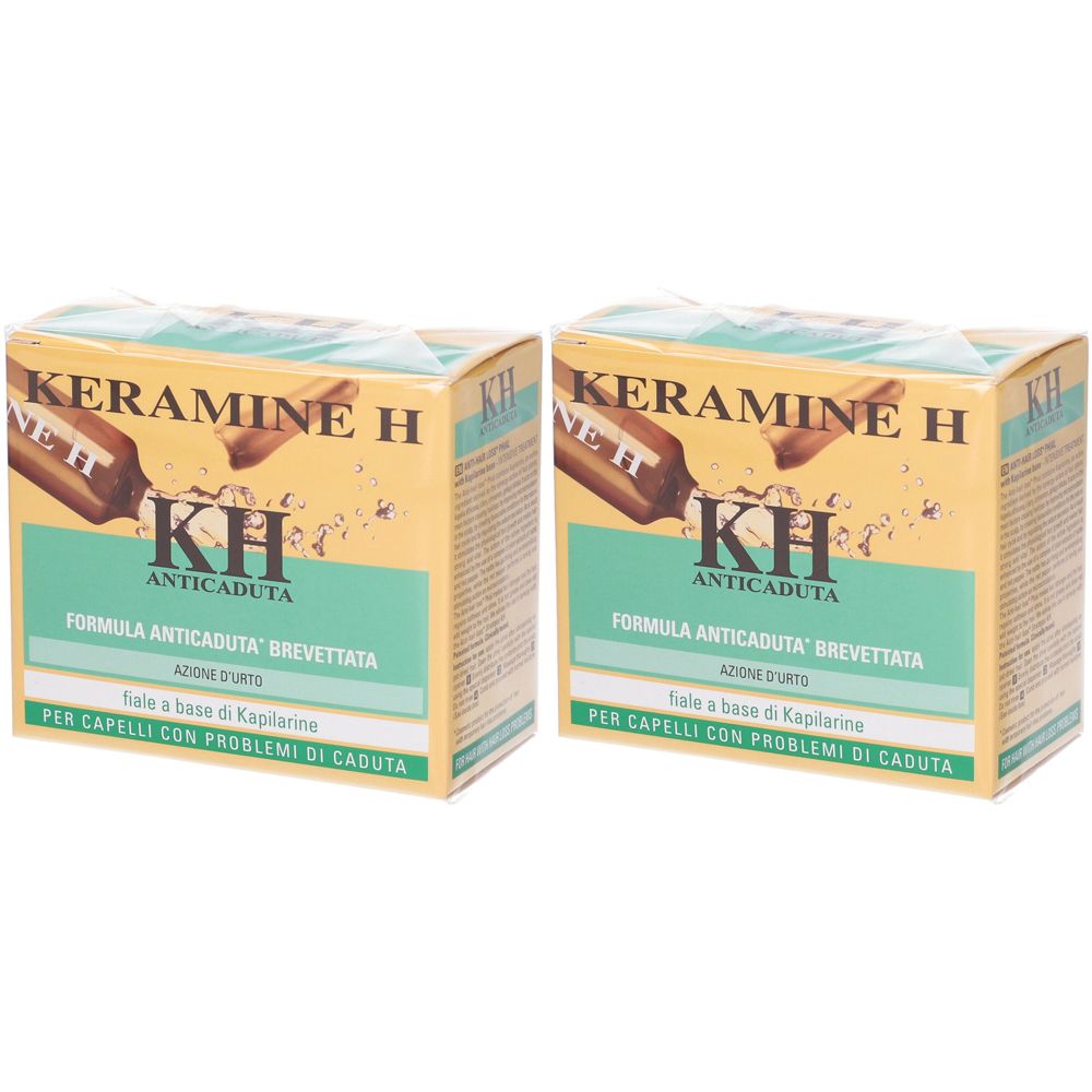 Due confezioni KERAMINE H KH Anticaduta. Testo: FORMULA ANTICADUTA BREVETTATA, fiale a base di Kapilarine, PER CAPELLI CON PROBLEMI DI CADUTA.