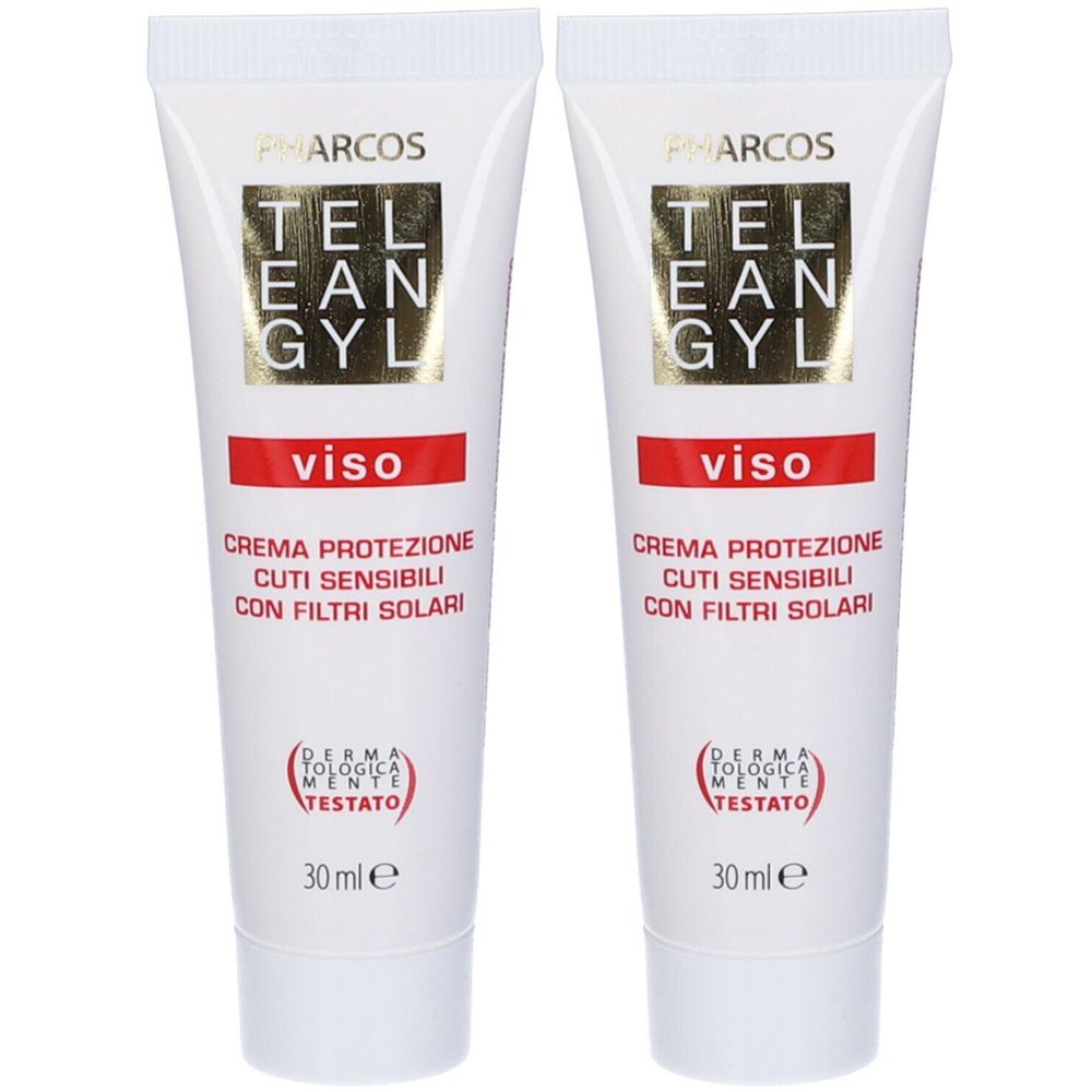 Due tubi di crema. Scritta: Teleangyl Viso, crema per pelli sensibili con filtri solari. Dermatologicamente testato.