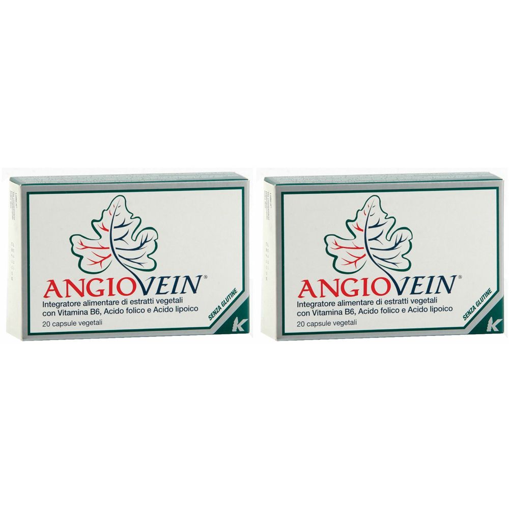 Due scatole AngioVein®. Scatole bianche con logo e testo. Contiene 20 capsule vegetali. Senza glutine.