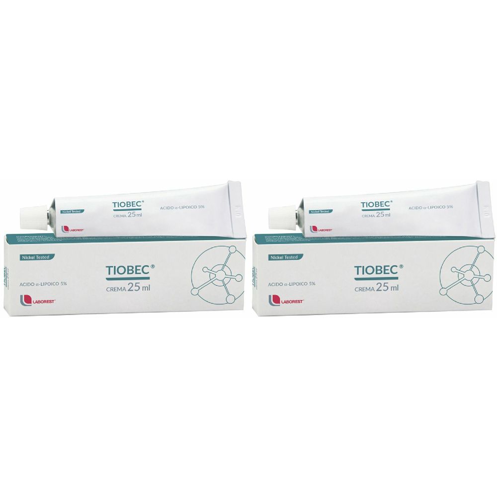 Due tubi e scatole bianche. Sulle scatole, "TIOBEC Crema 25 ml". Sui tubi, "TIOBEC".