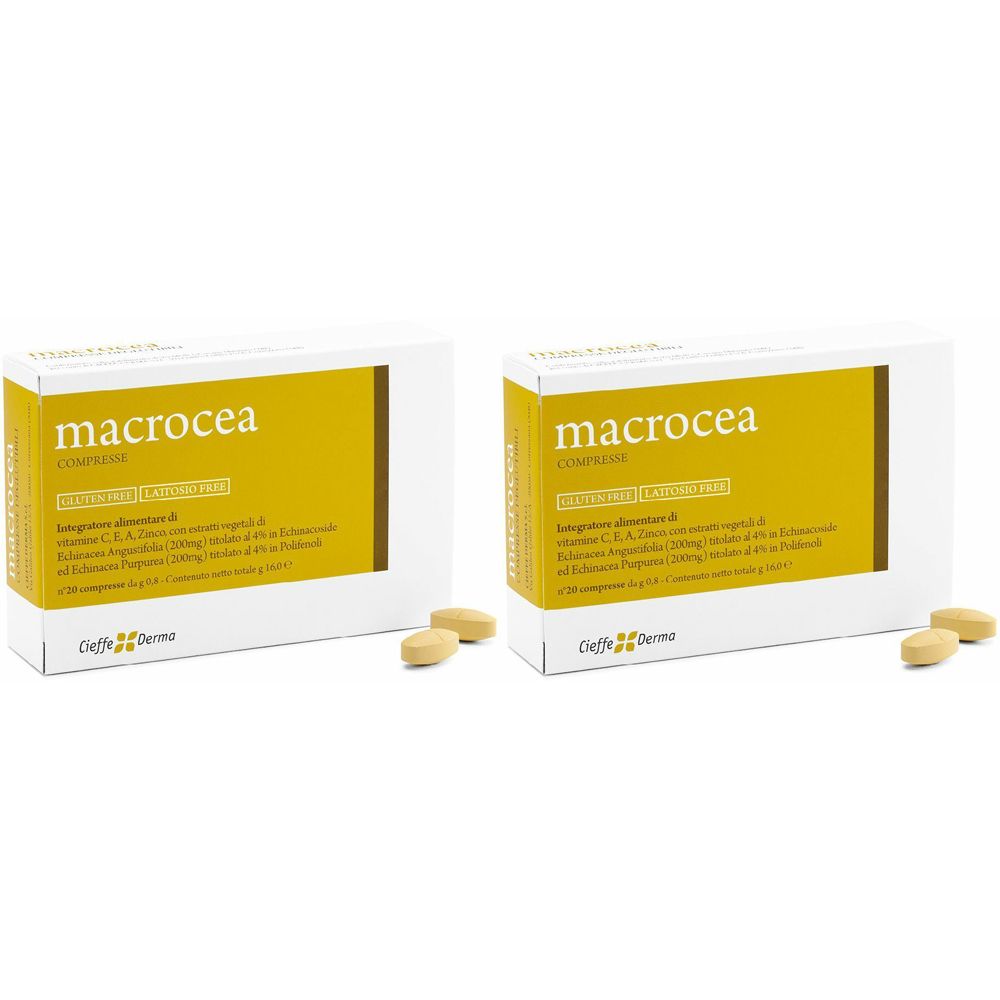 Due scatole bianche con etichette gialle. Scritta "macrocea". Alcune compresse accanto. Marchio Gieff Derma.